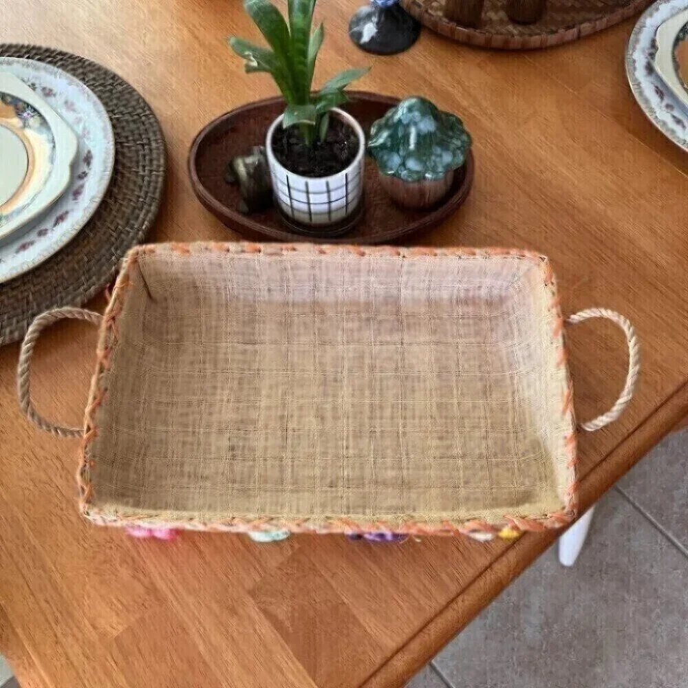Vintage Hand Made Lined Wicker Basket Colorful Fruit Design Philippines Raffia